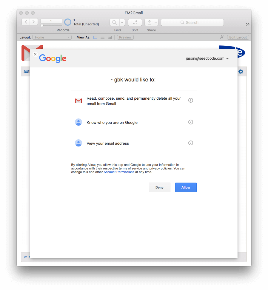 Authorize FileMaker to access Gmail